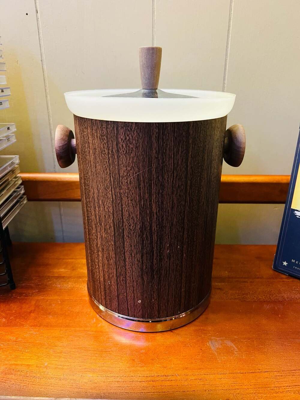 Vintage Kromex Mid-Century Modern Faux Wood Grain and Chrome Ice Bucket